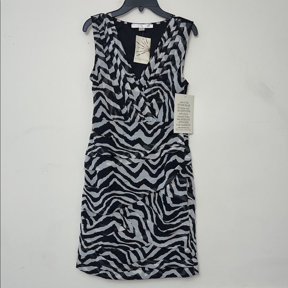 RARE NWT Boston Proper Vintage Black and Gray Zebra Pleated Midi Dress XS